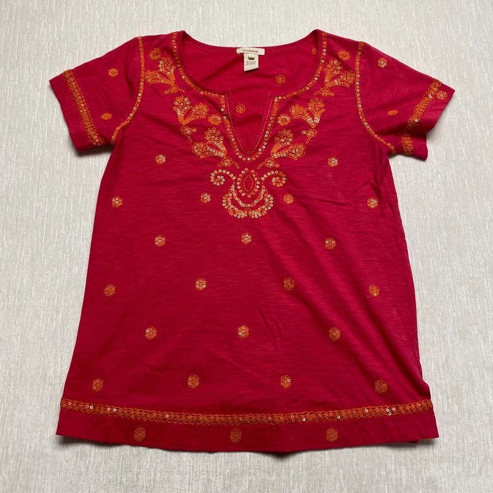 Sundance Floral Embroidered Top Womens Small Red Slub Sequin V-Neck Boho Blouse - Picture 2 of 16